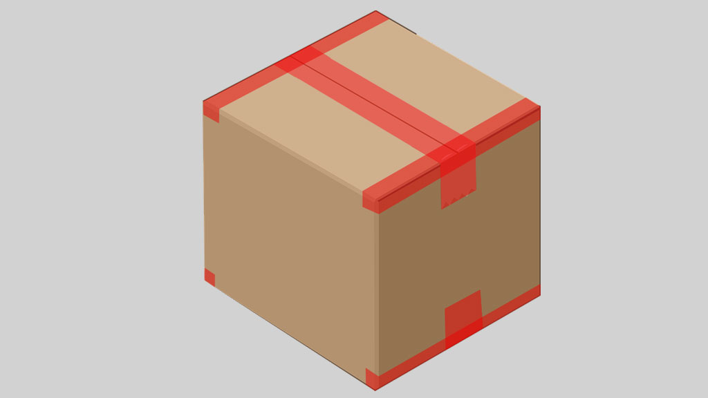 Vue du dessous d'un carton montrant la technique de fermeture en H avec ruban kraft