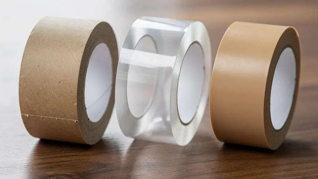 Trois rouleaux de ruban adhésif (kraft, PP transparent et PVC) posés sur une table en bois