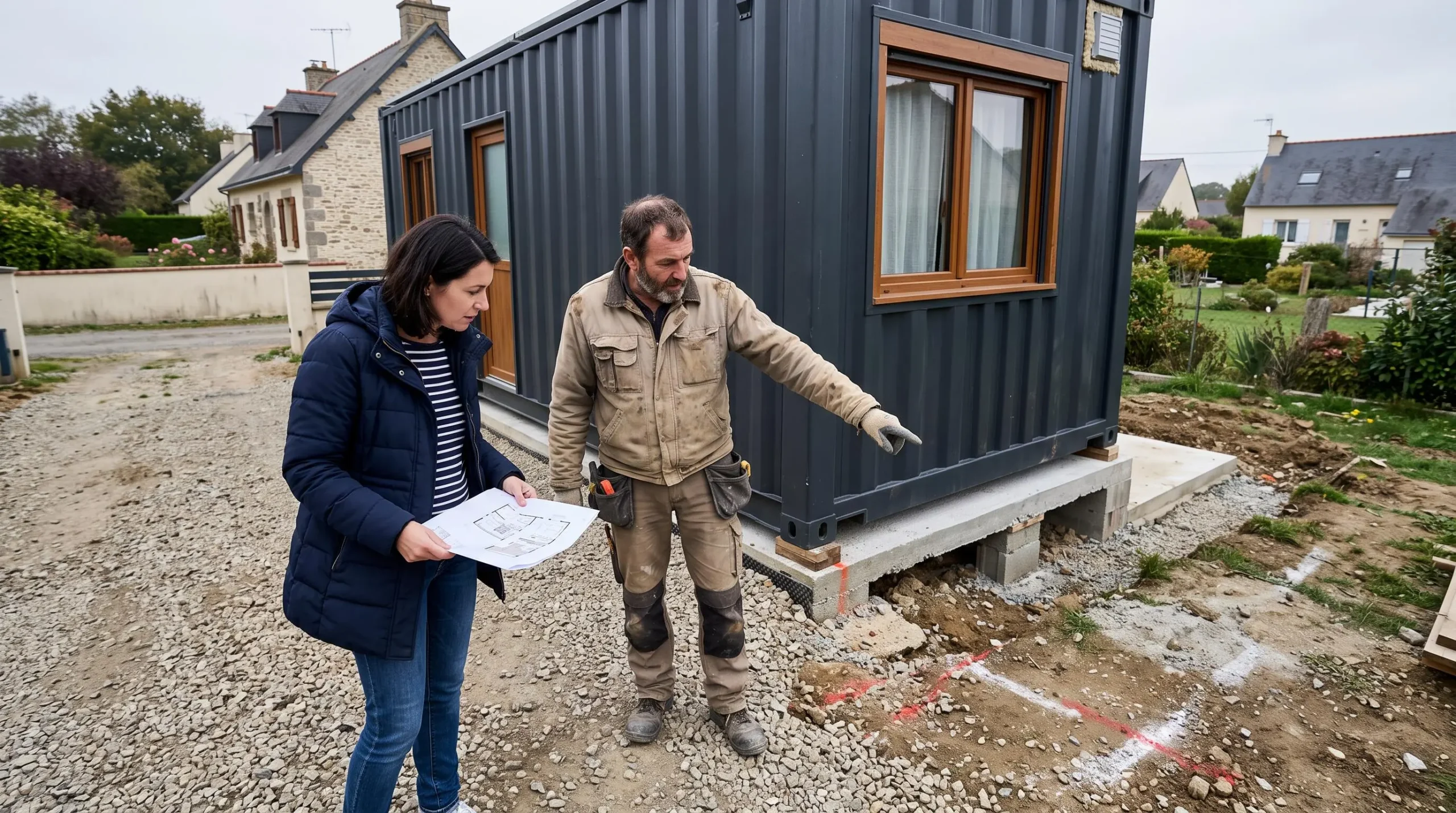 Un propriétaire et un artisan discutent de l'installation d'un container devant un terrain