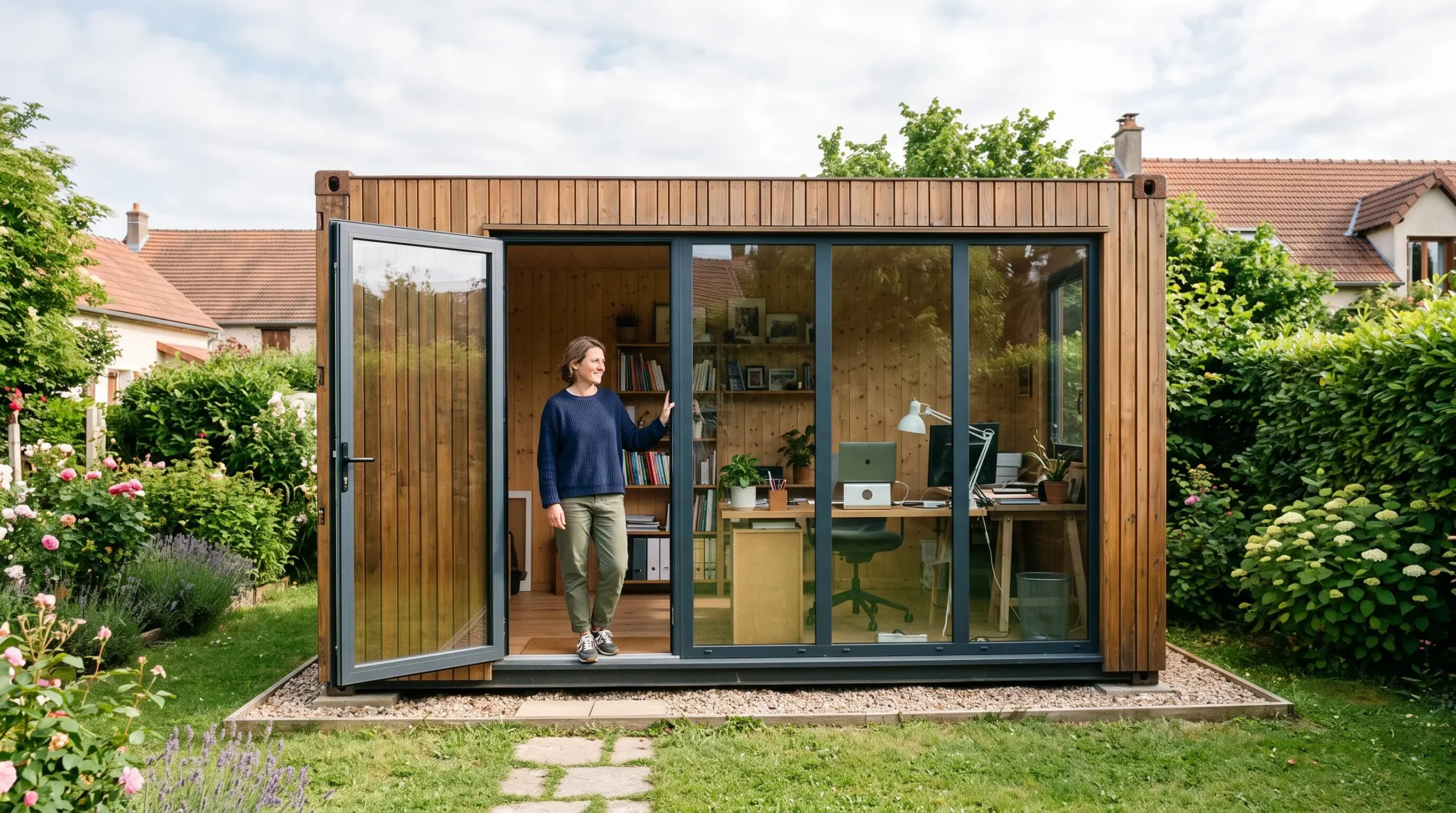 Un container maritime aménagé avec façade vitrée installé dans un jardin en France