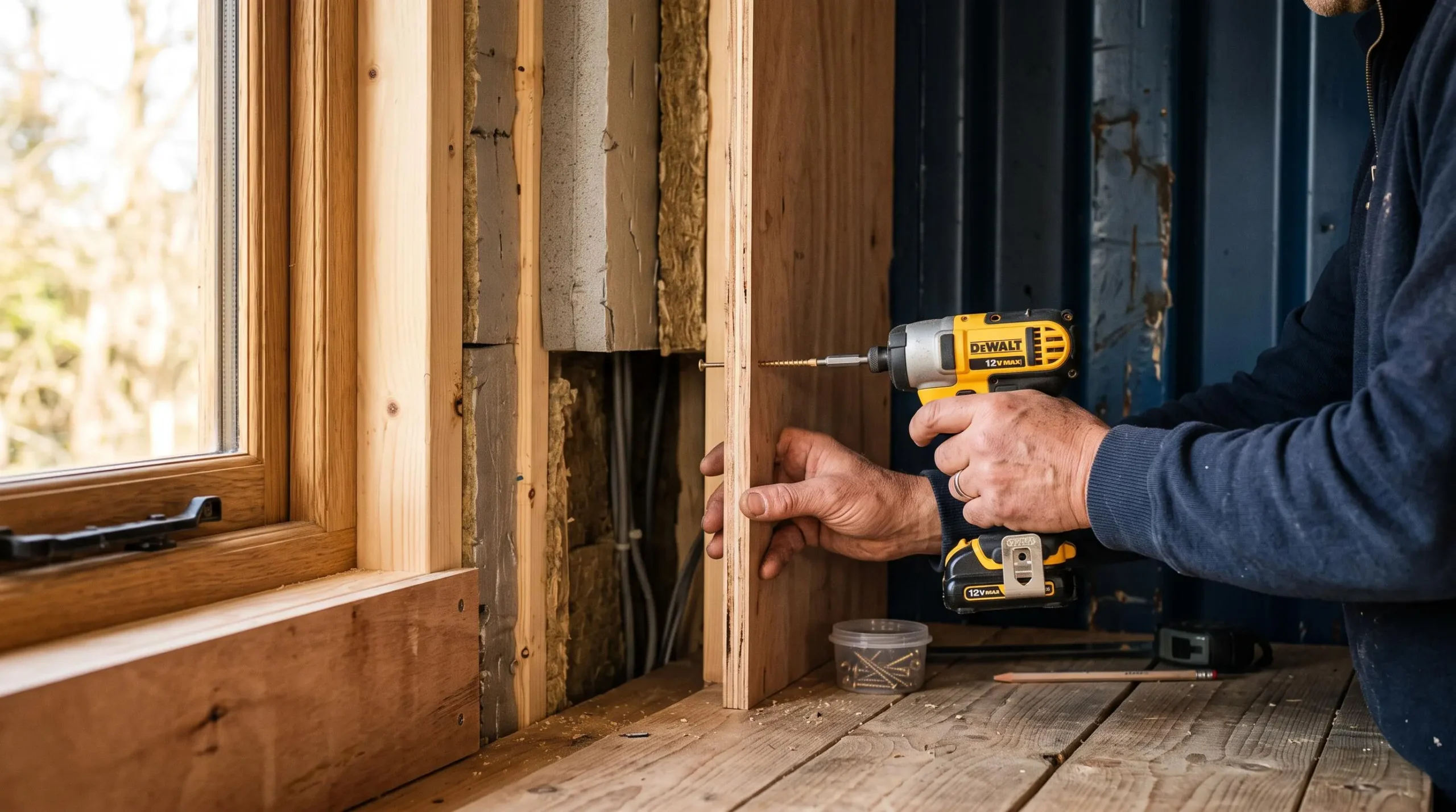 Des mains vissent une fixation dans un container aménagé en cours de finition